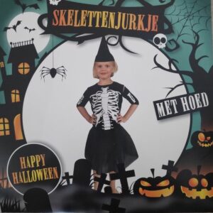 Halloween Verkleedjurk - Skelettenjurk met Hoed -Skelet - 3-5 jaar/ 5-7 jaar