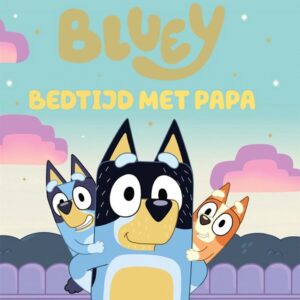 Bluey bedtime with Papa book cover showing three cartoon dogs peeking over a purple fence against a pastel sky.